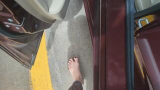 Fifi barefoot pedal play and fast driving in leggings with black polish replay