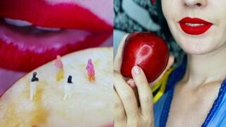 The giantess Snow White and the tiny dwarfs