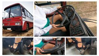 PREMIERE: Sexy girl drives Mercedes bus in Christian Louboutin high heels AGAIN