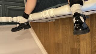Legs tied to the bed and feet tickled in white frilly socks and Mary Jane Shoes