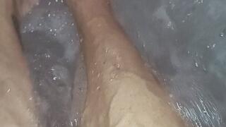 Tempest enjoying hot tub