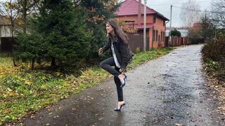 Top 43 min! Sexy Alena in Nando Muzi Slingback Walking with Straps Down in Cold and Rainy Day, Shoeplay