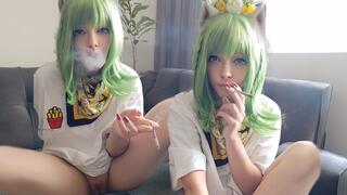 Cute pink pussy Egirl smoking with no panties