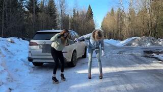 Top 11 min! Two girls BAREFOOT comparing eight pairs of high heels on very slippery ice and snow (Part #5)