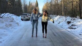 Top 9 min! Two girls BAREFOOT comparing eight pairs of high heels on very slippery ice and snow (Part #7)