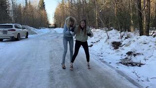 Top 10 min! Two girls BAREFOOT comparing eight pairs of high heels on very slippery ice and snow (Part #8)