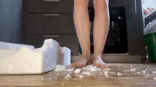 Emma will stomp foam plastic with her bare feet