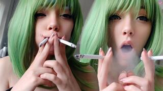 Cute Green Hair Egirl smoking 2 cigarettes at the same time
