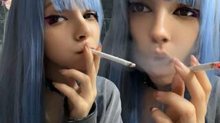 Blue Hair Goth Chick Smoking in bathroom