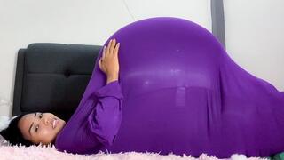 Sexy Camylle Stuffs Her Purple Jumper With Cotton Balloon Boobs Tummy And Butts Then Pops Them