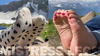 Foot teasing in white socks and barefoot on the top of the mountain (MP4 4K)