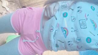 Outside desperate for a wee Tinylittlebabyg is cornered into soaking her medical pull up