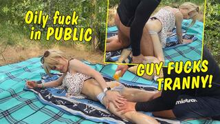 Oily fuck right on the swimming lake with tranny and guy!