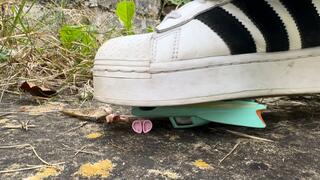 Giantess tries to crush tiny person and car in her Adidas sneakers