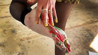 Sexy Alena Painting with Toes, Drawing by Feet, Drawing Barefoot, Messy Feet, Feet in Paint
