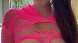 Sexy Goddess D in Fishnet Top Smoking in Public with Perky Titties Out