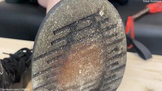 Covered with nasty street dirt old DrMartens boots worship and flogging