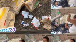 Driving, eating in the car and throwing garbage in the forest