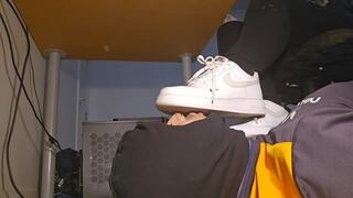 Ignored under desk shoe cleaning and foot worship