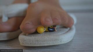 Tiny Slave caught between my nylon stinky foot and sandal while trampling his face as giantess 4k