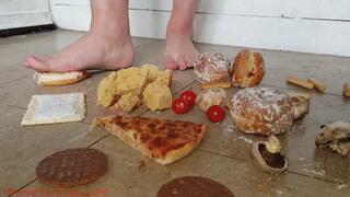 Barefoot crush fetish pizza and mixed food under heavy uk soles