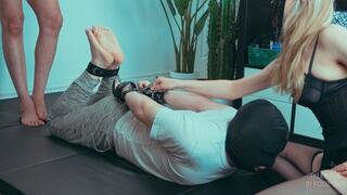 Bullied by Imilia and FeetofJason's feet while hogtied!