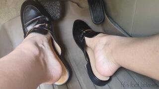 Fifi pedal pumping her SUV in loafer style mules then pink and reptile strap sandals *new* replay