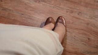 Fifi dangling brown heels and wiggling her toes in nude thigh high nylons *new* replay