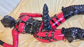 Plugging my rear, clad in latex catsuit with integrated condoms
