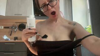 Emma gives breast massage with cream and hairy brush