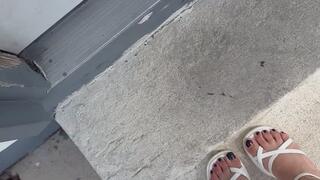 Pretty hard working feet in white heels