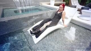 Scarlet Goes for a Swim in a Long Black Dress and Boots