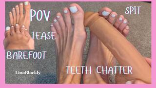 Lina's Barefoot Dildo Tease with Teeth Chatter and Spit