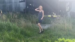 ASMR girl in high-heeled shoes walks through a landfill where she holes everything in her path with her heels