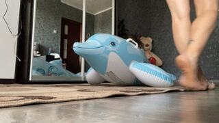 riding and jumping on dolphin inflatable and swimring