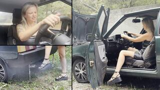 Anastasia cranking ZAZ then playing with exhaust fumes