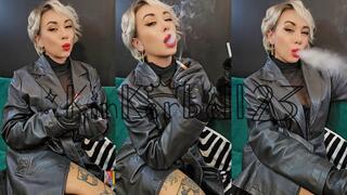 Chainsmoking wearing all Leather with Red lipstick- Kinkerbell23