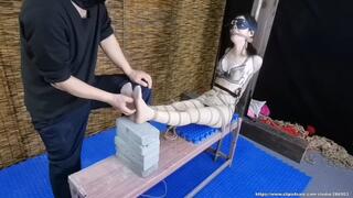 Bondage Tickle - Stockings beauty tied up on the bench, tickling her stockings soles