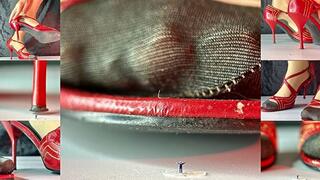 A Giantess in red sandals works in the office of a Tiny Boss