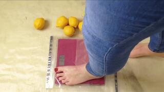 92 kg tall French girl - lemons crush fetish barefoot size 13 feet on a weight scale under heavy soles of giantess girl
