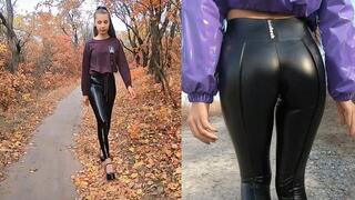 Nastya walking in her shiny leggings