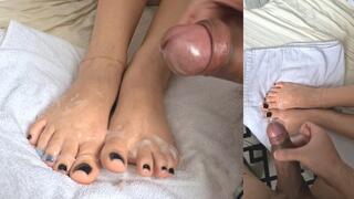 Cum on my black toes! Extra cum from 3 saved cumshots!
