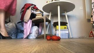 Crush tomatoes with heels and bare feet!