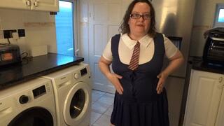 Naughty wife in Collage uniform playing with shaven pussy