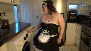 Sexy Wife in French Maid uniform cleaning the kitchen
