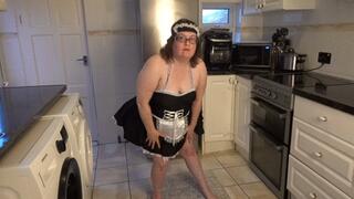 French maid in the kitchen playing hard with big black Dildo
