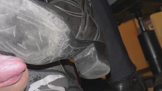 Boot worship and sole lick under desk
