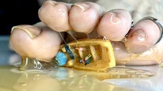 Giggling giantess and a tiny boat with tiny passengers