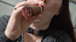 Redhead smokin big cigar milkin and suckin talking dirty