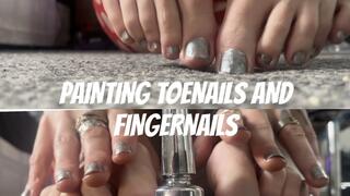 painting my long toenails silver and fingernails